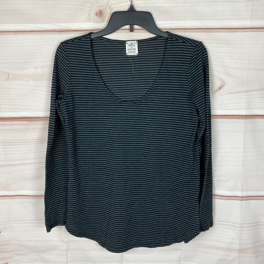Evereve Michael Stars Top Womens XS Black Green Stripe T-Shirt Scoop Neck Knit
